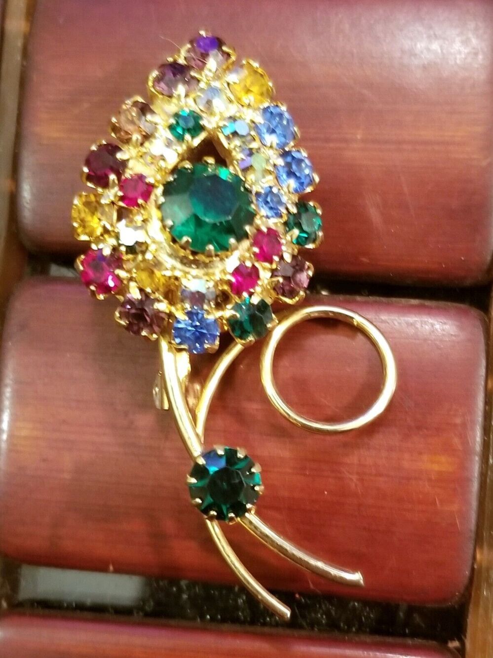 Vintage Brooch Floral Gold Tone w/ Multicolor Rhinestones 2.25" 28 Stones